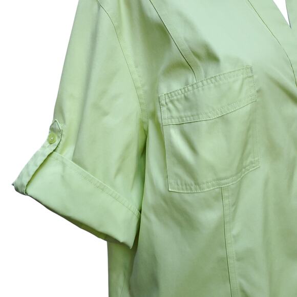 Chico's Yellow Green No Iron Button Down Short Sleeve Shirt Roll Tab Chicos 3 XL - Picture 5 of 16